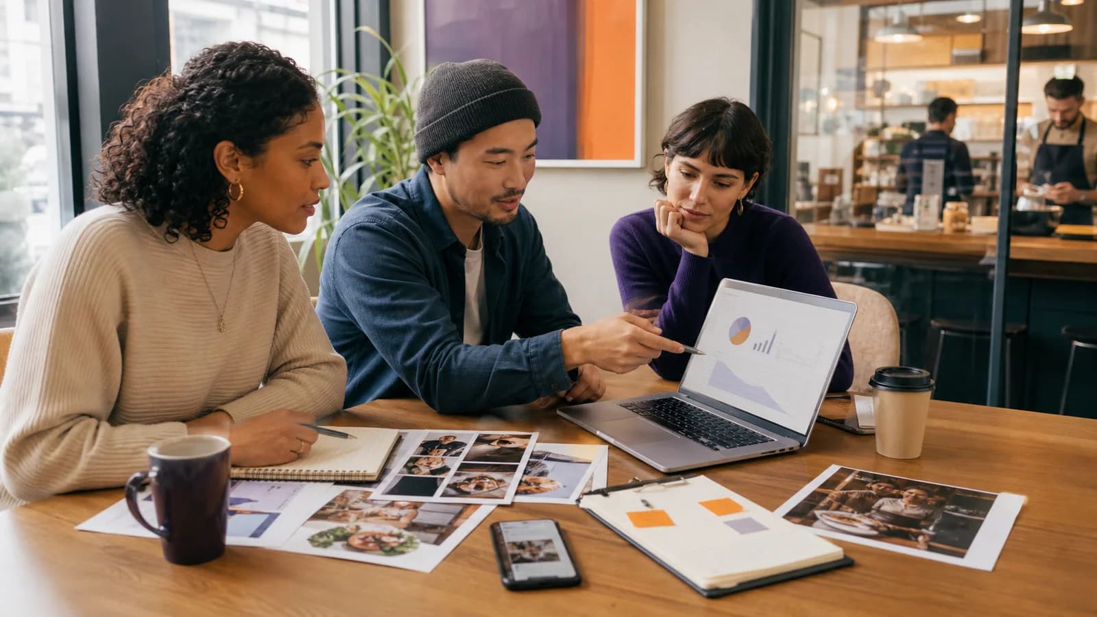 Local business team reviewing creator content, bookings, and campaign analytics together