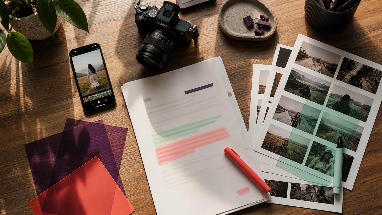 Camera, creator video frames, and a highlighted content agreement arranged on a studio table