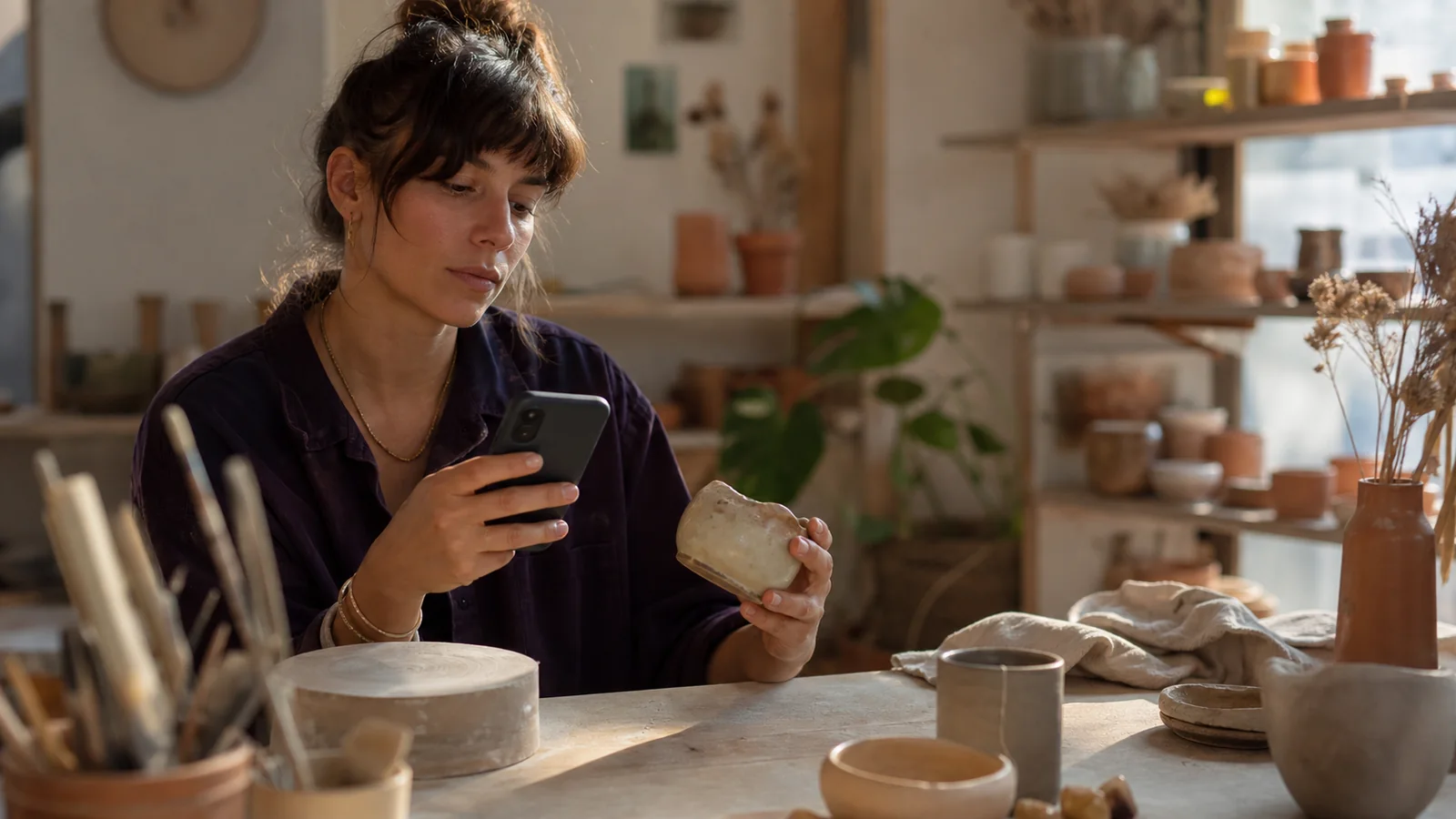 Creator reviewing a gifted pottery collaboration in a sunlit ceramics studio