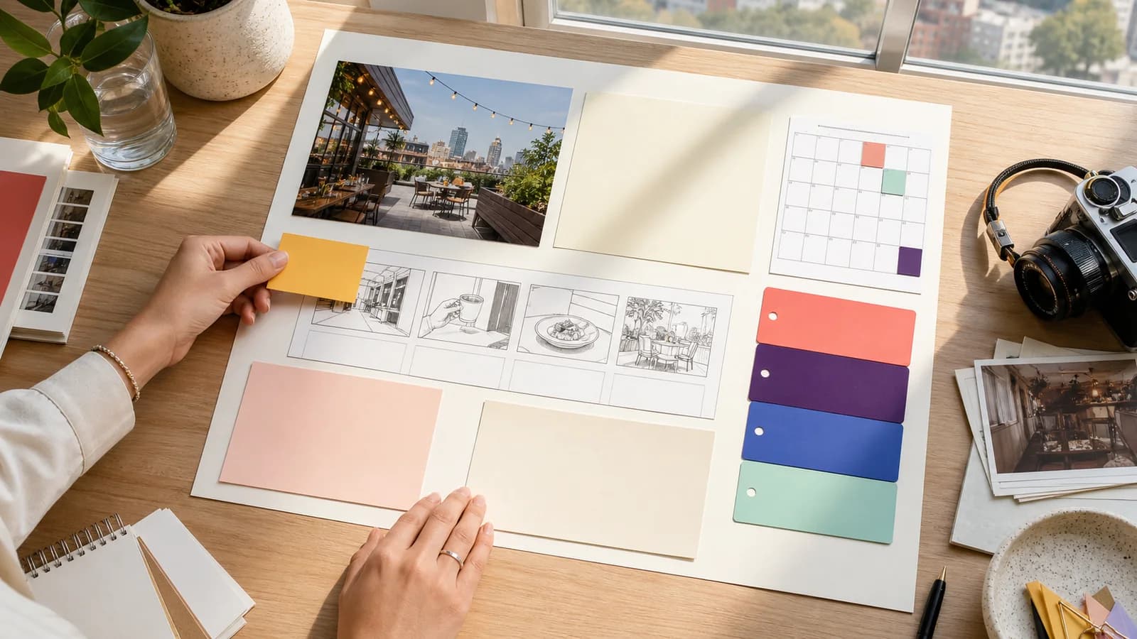 Hands arranging a one-page local experience campaign brief with storyboard and colored tabs