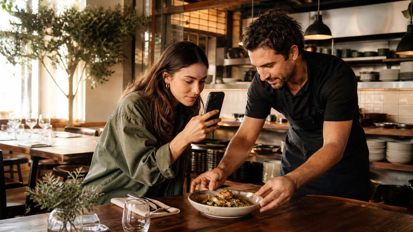 Restaurant owner and creator collaborating on a vertical phone video beside a signature dish
