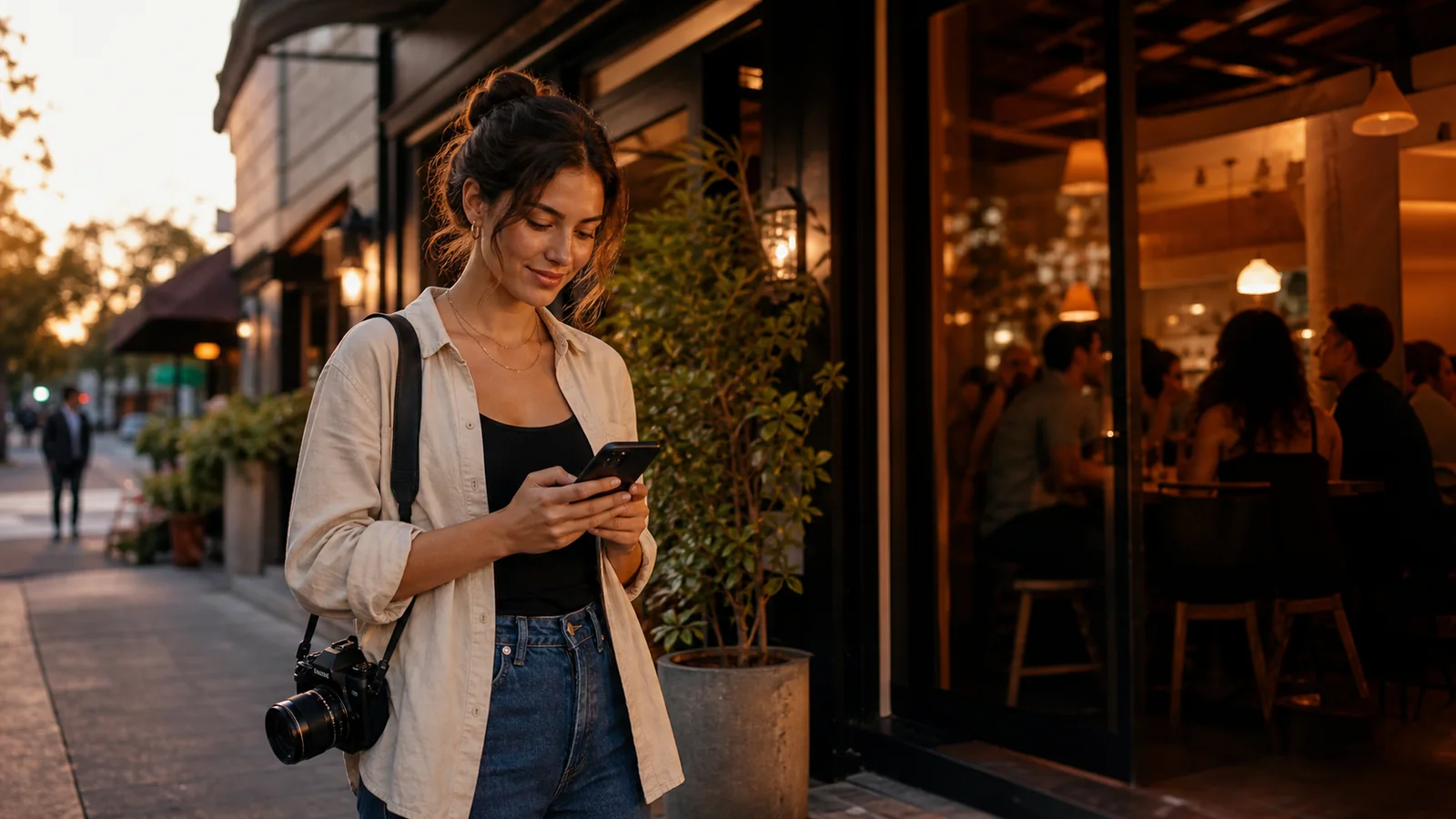 Local creator checking a private invitation outside a neighborhood restaurant at golden hour