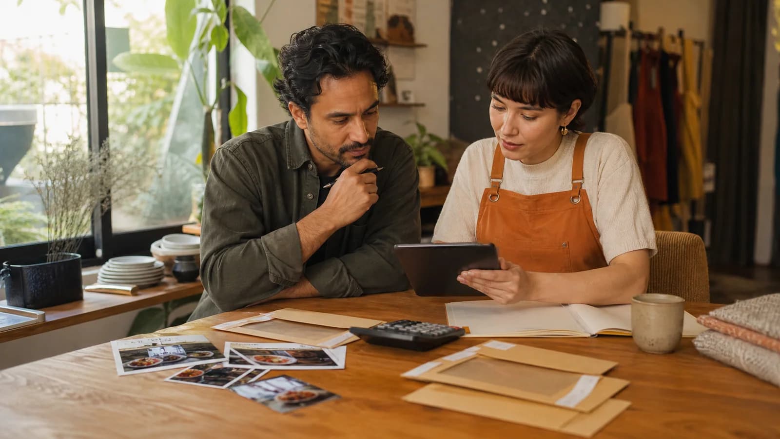 Small business partners planning a local creator campaign budget with a tablet and calculator
