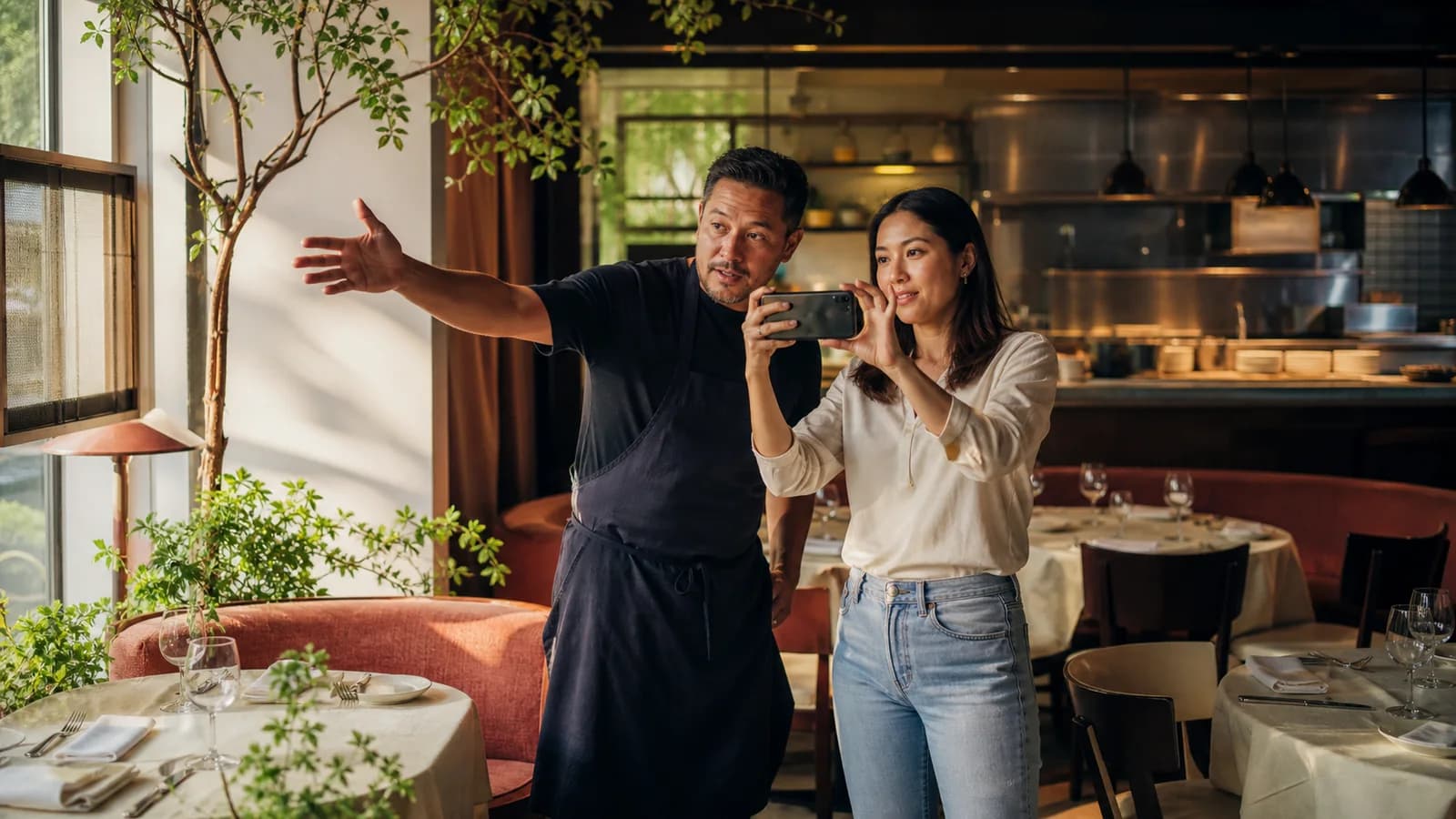 Restaurant owner and local creator planning a camera angle before service